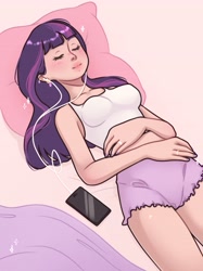 Size: 3066x4096 | Tagged: safe, artist:xqv33n13, imported from derpibooru, twilight sparkle, human, bare shoulders, cellphone, clothes, earbuds, eyes closed, female, humanized, jewelry, lying down, phone, pillow, ring, shorts, sleeveless, smartphone, solo, tanktop