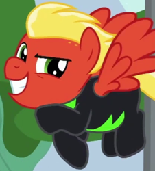 Size: 412x455 | Tagged: safe, imported from derpibooru, screencap, short fuse, pegasus, pony, the washouts (episode), clothes, cropped, grin, male, smiling, solo, stallion, uniform, washouts uniform