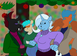 Size: 3054x2209 | Tagged: safe, artist:rotgriff, imported from derpibooru, pharynx, trixie, anthro, griffon, pony, christmas, female, holiday, male, party, phartrix, shipping, straight