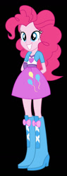 Size: 441x1162 | Tagged: safe, artist:russ185, imported from derpibooru, pinkie pie, equestria girls, black background, boots, clothes, high heel boots, jacket, shirt, shoes, simple background, skirt, solo, vest