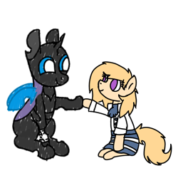 Size: 1000x1000 | Tagged: safe, artist:symphonydawn3, artist:theunidentifiedchangeling, imported from derpibooru, oc, changeling, earth pony, pony, derpibooru community collaboration, 2023 community collab, armband, changeling oc, duo, earth pony oc, female, horn, male, wings