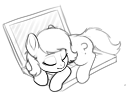 Size: 1014x763 | Tagged: safe, artist:smoldix, imported from twibooru, oc, oc:filly anon, pony, behaving like a cat, black and white, computer, cute, eyes closed, female, filly, grayscale, laptop computer, monochrome, simple background, sleeping, solo, white background