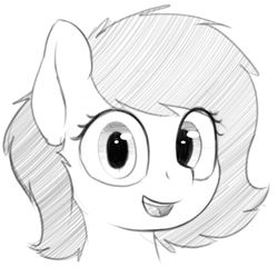 Size: 823x791 | Tagged: safe, artist:smoldix, imported from twibooru, oc, oc only, oc:filly anon, pony, black and white, bust, female, filly, grayscale, looking at you, monochrome, open smile, simple background, solo, white background