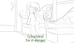 Size: 4000x2354 | Tagged: safe, artist:smoldix, imported from twibooru, oc, oc only, oc:filly anon, pony, caption, chest fluff, dialogue, door, female, filly, i'm in danger, meme, open mouth, ralph wiggum, seat, sitting, sketch, solo, the simpsons, train, train car, window, wip