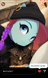 Size: 791x1280 | Tagged: safe, artist:maren, imported from derpibooru, jazz (g5), cat, earth pony, pony, beanie, clothes, ear piercing, earring, female, g5, hat, hoodie, instagram, jewelry, korean, mare, piercing, selfie, solo