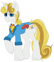 Size: 2194x2500 | Tagged: safe, artist:medkit, imported from derpibooru, oc, oc only, oc:guiding light, pony, unicorn, big eyes, blue eyes, clothes, curly hair, cutie mark, ear fluff, eyes open, feather, female, fluffy, gem, gold, happy, high res, horn, horseshoes, jacket, jewelry, light dispersion, long tail, looking at you, mare, paint tool sai 2, pendant, pocket, rainbow, raised hoof, rolled up sleeves, ruby, shirt, short mane, simple background, sketch, smiling, solo, standing, tail, teeth, transparent background