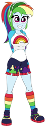 Size: 700x1920 | Tagged: safe, artist:roseluck, derpibooru exclusive, imported from derpibooru, rainbow dash, human, equestria girls, alternate hairstyle, arm behind back, big breasts, breasts, busty rainbow dash, cap, clothes, colored sketch, female, full body, grin, hat, jacket, kneesocks, looking at you, music festival outfit, open mouth, open smile, ponytail, rainbow socks, shirt, shoes, shorts, simple background, smiling, smiling at you, sneakers, socks, solo, standing, striped socks, t-shirt, three quarter view, visor, visor cap, white background