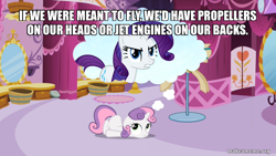 Size: 800x450 | Tagged: safe, edit, edited screencap, imported from derpibooru, screencap, rarity, sweetie belle, pony, unicorn, sisterhooves social, belle sisters, caption, female, filly, foal, image macro, mare, spongebob squarepants, text, the sponge who could fly