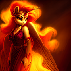 Size: 1920x1920 | Tagged: safe, editor:mr-bat, imported from derpibooru, daybreaker, anthro, unguligrade anthro, ai content, ai generated, clothes, dress, female, folded wings, generator:stable diffusion, hand, jewelry, mane of fire, necklace, pony ears, red dress, red eyes, smiling, solo, tail, wings, wristband