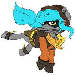 Size: 2500x2500 | Tagged: safe, artist:sorajona, imported from derpibooru, oc, oc only, oc:sorajona, oc:sorajona darkwing, pegasus, pony, derpibooru community collaboration, 2023 community collab, boots, chest fluff, clothes, cooper cane, cosplay, costume, cowboy, cowboy boots, cowboy hat, female, hat, heterochromia, holster, jumping, looking at you, mare, neckerchief, pegasus oc, shoes, simple background, sly cooper, solo, tennessee kid cooper, transparent background, western, wingless