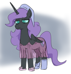 Size: 536x562 | Tagged: safe, artist:jargon scott, imported from derpibooru, oc, oc only, oc:nyx, alicorn, pony, alicorn oc, clothes, female, hat, horn, lidded eyes, mare, nightcap, nightgown, see-through, sleepy, slippers, socks, solo, tired, wings
