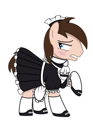 Size: 2048x2732 | Tagged: safe, artist:awgear, imported from derpibooru, oc, oc only, oc:polished gear, earth pony, derpibooru community collaboration, 2023 community collab, clothes, crossdressing, earth pony oc, embarrassed, maid, male, simple background, socks, solo, stallion, transparent background