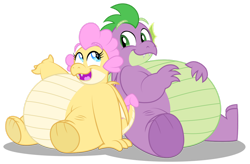 Size: 1280x839 | Tagged: safe, artist:aleximusprime, imported from derpibooru, spike, oc, oc:buttercream the dragon, dragon, fanfic:go north young dragon, flurry heart's story, belly, big belly, brother and sister, dragon oc, dragoness, duo, duo male and female, fangs, fat, fat spike, female, looking at each other, looking at someone, male, non-pony oc, older, older spike, open mouth, open smile, siblings, simple background, sitting, smiling, transparent background