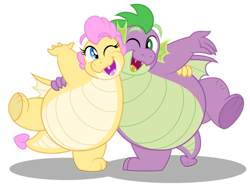 Size: 1280x951 | Tagged: safe, artist:aleximusprime, imported from derpibooru, spike, oc, oc:buttercream the dragon, dragon, fanfic:go north young dragon, flurry heart's story, brother and sister, dragon oc, dragoness, duo, duo male and female, fangs, fat, fat spike, female, hug, looking at each other, looking at someone, male, non-pony oc, older, older spike, open mouth, open smile, siblings, simple background, smiling, standing, standing on one leg, transparent background