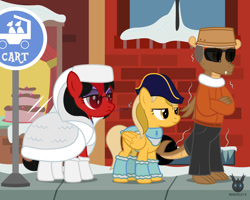 Size: 2003x1600 | Tagged: safe, artist:wheatley r.h., derpibooru exclusive, imported from derpibooru, oc, oc only, oc:captain price, oc:red widow, oc:tyoon, dragon, earth pony, pegasus, pony, beret, bus stop, cake, captain hat, cigarette, cigarette holder, clothes, cold, dragon oc, eyeshadow, female, food, fur coat, gem, glasses, hat, jacket, jewelry, makeup, male, manehattan, mare, necklace, non-pony oc, pegasus oc, pony oc, scarf, slit pupils, smoking, snow, street, trio, unamused, vector, watermark, winter hat, winter outfit