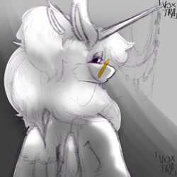 Size: 1000x1000 | Tagged: safe, alternate version, artist:voxtra, imported from derpibooru, oc, oc only, alicorn, alicorn oc, fantasy, gold glasses, gray background, harsh lighting, horix harleen, horn, horn jewelry, jewelry, large horn, looking at you, looking back, looking back at you, purple eyes, purple hair, purple mane, simple background, sketch, sketch dump, solo, spread wings, upset, white coat, wings