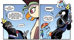 Size: 1334x725 | Tagged: safe, artist:andypriceart, idw, imported from derpibooru, captain celaeno, rainbow dash, bird, parrot, parrot pirates, pegasus, pony, raven (bird), spoiler:comic, spoiler:comic100, crown, dialogue, emanata, female, g4, gradient background, hoers, jewelry, male, mare, ornithian, pirate, prince huginn, regalia, season 10, speech bubble, thought bubble, trio