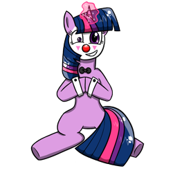 Size: 1200x1200 | Tagged: safe, artist:twi clown, imported from derpibooru, oc, oc:twi clown, pony, unicorn, derpibooru community collaboration, 2023 community collab, bowtie, clone, clown, cuffs (clothes), eye twitch, glowing, glowing horn, horn, not twilight sparkle, red nose, simple background, solo, transparent background