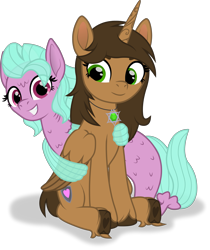 Size: 2751x3268 | Tagged: safe, artist:kitana762, imported from derpibooru, oc, oc only, oc:coral spice, oc:kitana, alicorn, merpony, pony, derpibooru community collaboration, 2023 community collab, alicorn oc, duo, horn, jewelry, merpony oc, necklace, simple background, smiling, transparent background, vector, wings