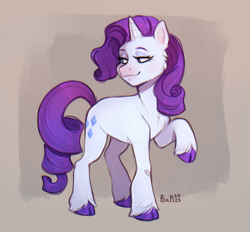 Size: 1550x1436 | Tagged: safe, artist:birdoffnorth, imported from derpibooru, rarity, classical unicorn, pony, unicorn, cloven hooves, female, lidded eyes, mare, signature, smiling, solo, turned head, unshorn fetlocks