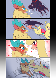 Size: 3732x5197 | Tagged: safe, artist:abyssalrabbit, imported from derpibooru, alpaca, deer, fluffers, reindeer, wolf, them's fightin' herds, 4 panel comic, bed, blood, blushing, comic, community related, dream, eye contact, female, heart, kicking, lesbian, looking at each other, looking at someone, no dialogue, open mouth, paprika (tfh), shipping, sleeping, smiling, velverika, velvet (tfh)