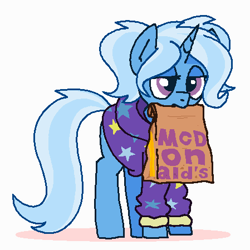 Size: 449x449 | Tagged: safe, artist:kleyime, derpibooru exclusive, imported from derpibooru, trixie, pony, unicorn, alternate hairstyle, babysitter trixie, clothes, female, food, hoodie, lidded eyes, mare, mcdonald's, mouth hold, simple background, solo, tired, white background