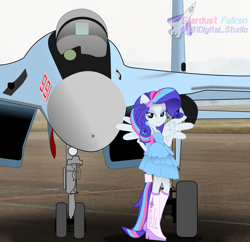 Size: 3102x3000 | Tagged: safe, artist:rarity3257, imported from derpibooru, rarity, oc, oc:stardust falken, alicorn, human, original species, pony, equestria girls, ace combat, bedroom eyes, equestria girls-ified, eyebrows, eyeshadow, fall formal outfits, heart eyes, high res, jet, jet fighter, looking at you, makeup, military aviation, plane, ponied up, real life background, smiling, smiling at you, solo, su-35, su-35s, su-35s super flanker, sukhoi, wingding eyes