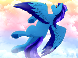 Size: 4000x3000 | Tagged: safe, artist:monsoonvisionz, imported from derpibooru, oc, oc only, pegasus, pony, blue, blue coat, blue wings, butt, cheek fluff, cloud, colored wings, ear fluff, flying, motion lines, pegasus oc, plot, short mane, sky, solo, spread wings, sternocleidomastoid, two toned wings, underhoof, wing fluff, wings