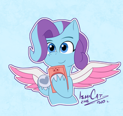 Size: 1296x1221 | Tagged: safe, artist:ismazhecat, imported from derpibooru, pegasus, pony, cellphone, cute, female, filly, foal, g5, glory (g5), glorydorable, mare, phone, smartphone, smiling, solo, spread wings, wings