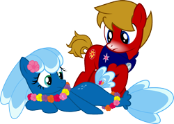 Size: 1200x861 | Tagged: safe, imported from derpibooru, oc, oc only, oc:max mustang, oc:sea foam ep, earth pony, pony, derpibooru community collaboration, 2023 community collab, armor node, clothes, duo, earth pony oc, female, flower, flower on ear, lei, lying down, male, mare, on side, pearl fragment, seaponified, simple background, snow tip nose, species swap, stallion, surprised, transparent background, vest