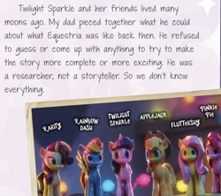 Size: 435x386 | Tagged: safe, imported from derpibooru, screencap, applejack, fluttershy, pinkie pie, rainbow dash, rarity, twilight sparkle, alicorn, earth pony, pegasus, pony, unicorn, mane six, photo, sunny starscout's book of adventure, text, twilight sparkle (alicorn)