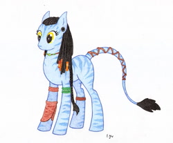 Size: 902x746 | Tagged: safe, artist:philo5, imported from derpibooru, alien, alien pony, na'vi, pony, female, james cameron's avatar, mare, neytiri, ponified, simple background, solo, stripes, traditional art, white background
