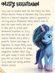 Size: 433x572 | Tagged: safe, imported from derpibooru, pony, unicorn, book, cornrows, female, g5, implied izzy moonbow, implied zipp storm, mare, misty brightdawn, official, render, solo, sunny starscout's book of adventure, unshorn fetlocks