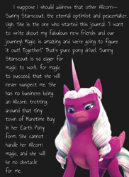 Size: 432x595 | Tagged: safe, imported from derpibooru, opaline arcana, alicorn, pony, spoiler:g5, book, eyeshadow, female, frown, g5, implied sunny starscout, makeup, mare, official, opaline arcana is not amused, render, solo, sunny starscout's book of adventure, text, unamused