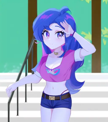 Size: 512x576 | Tagged: safe, imported from derpibooru, princess luna, human, equestria girls, ai content, ai generated, anime, belly button, breasts, female, generator:pinegraph, midriff, solo, vice principal luna