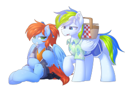 Size: 2160x1641 | Tagged: safe, artist:movieskywalker, derpibooru exclusive, imported from derpibooru, oc, oc only, oc:morning star, oc:rain bow, pegasus, pony, derpibooru community collaboration, 2023 community collab, basket, blue skin, clothes, duo, enclave, female, green eyes, looking at each other, looking at someone, male, multicolored hair, orange hair, pegasus oc, picnic basket, simple background, sitting, smiling, smiling at each other, spread wings, swimsuit, transparent background, wings