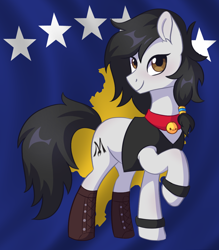 Size: 1266x1444 | Tagged: safe, artist:skysorbett, imported from derpibooru, oc, oc only, oc:double m, earth pony, pony, bell, bell collar, black mane, black tail, boots, brown eyes, clothes, collar, earth pony oc, flag, jacket, kosovan flag, kosovo, looking at you, male, shoes, smiling, smiling at you, solo, stallion, tail, white coat