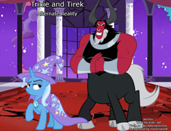 Size: 1000x766 | Tagged: safe, artist:voiceactorbobbyg25, imported from derpibooru, lord tirek, trixie, centaur, pony, taur, unicorn, alternate universe, bracer, cape, clothes, cloven hooves, colored hooves, duo, female, hat, male, mare, nose piercing, nose ring, piercing, trixie's cape, trixie's hat