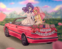 Size: 4500x3600 | Tagged: safe, artist:lucy-tan, imported from derpibooru, fluttershy, rarity, human, equestria girls, absolute cleavage, alternate hairstyle, bare shoulders, breasts, busty fluttershy, busty rarity, car, cleavage, clothes, commission, convertible, dress, duo, duo female, female, fingernails, flarity, flower, just married, lesbian, lesbian wedding, lipstick, long nails, marriage, nail polish, saab, shipping, sleeveless, smiling, wedding, wedding dress