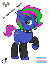 Size: 3000x4000 | Tagged: safe, artist:emperor-anri, artist:jamextreme140, imported from derpibooru, oc, oc only, oc:roman woodhoof, pony, base used, choker, clothes, collar, ear piercing, earring, hatchet, jewelry, lgbt, looking at you, male, male symbol, piercing, pride, pride flag, raised hoof, simple background, socks, solo, spiked collar, trans male, transgender, transgender pride flag, white background