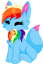 Size: 820x1200 | Tagged: safe, artist:rainbow eevee, imported from derpibooru, oc, oc only, oc:rainbow eevee, eevee, pony, derpibooru community collaboration, 2023 community collab, cheek fluff, chest fluff, colorful, cookie, cute, eating, eyelashes, eyes closed, female, food, ice cream, mouth hold, multicolored hair, nom, paw pads, pokémon, rainbow hair, simple background, sitting, solo, transparent background, vector