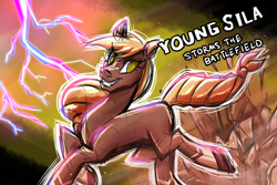 Size: 1800x1200 | Tagged: safe, artist:redahfuhrerking, imported from derpibooru, oc, oc only, oc:sila, horse, them's fightin' herds, community related, eye clipping through hair, eyebrows, eyebrows visible through hair, female, grin, lightning, looking at you, smiling, smiling at you, solo, tfh oc, younger