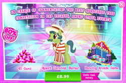 Size: 1958x1302 | Tagged: safe, imported from derpibooru, sideshow slim, earth pony, pony, advertisement, background character, background pony, bowtie, bush, clothes, costs real money, dance dance revolution, english, facial hair, gameloft, gem, hat, male, mobile game, moustache, my little pony: magic princess, numbers, official, sale, solo, solo focus, speaker, stallion, text