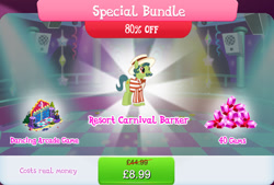 Size: 1267x854 | Tagged: safe, imported from derpibooru, sideshow slim, earth pony, pony, background character, background pony, bowtie, bundle, bush, clothes, costs real money, dance dance revolution, english, facial hair, gameloft, gem, hat, male, mobile game, moustache, my little pony: magic princess, numbers, official, sale, solo, solo focus, speaker, stallion, text