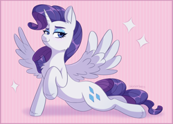 Size: 1804x1299 | Tagged: safe, artist:skysorbett, derpibooru exclusive, imported from derpibooru, rarity, alicorn, pony, alicornified, chest fluff, female, lidded eyes, looking at you, mare, princess rarity, race swap, raised hoof, raricorn, smiling, solo, sparkles, spread wings, wings