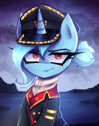 Size: 2161x2745 | Tagged: safe, artist:opal_radiance, imported from derpibooru, oc, oc only, unnamed oc, pony, unicorn, equestria at war mod, clothes, eyebrows, female, hat, high res, horn, karina, looking at you, mare, military uniform, smiling, smiling at you, smirk, solo, staliongrad, unicorn oc, uniform