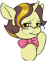 Size: 540x720 | Tagged: safe, artist:multiverseequine, derpibooru exclusive, imported from derpibooru, oc, oc only, oc:golden trim, pony, unicorn, boop, bowtie, bust, colt, cute, foal, glasses, horn, male, multicolored hair, pink bow, self-boop, simple background, smug, solo, transparent background, unicorn oc, yellow eyes