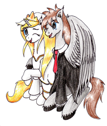Size: 2013x2366 | Tagged: safe, artist:40kponyguy, derpibooru exclusive, imported from derpibooru, oc, oc only, oc:jezza, oc:tecuro, pegasus, pony, unicorn, derpibooru community collaboration, 2023 community collab, clothes, dress, ear fluff, female, horn, hug, jacket, jewelry, looking at each other, looking at someone, male, mare, necktie, open mouth, open smile, pegasus oc, raised hoof, simple background, smiling, stallion, tiara, traditional art, transparent background, unicorn oc, unshorn fetlocks, wedding dress