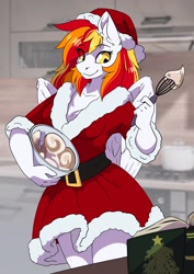 Size: 2480x3508 | Tagged: safe, artist:arctic-fox, imported from derpibooru, oc, oc only, oc:diamond sun, anthro, pegasus, batter, book, christmas, clothes, cooking, costume, egg beater, female, food, hat, holiday, kitchen, mare, santa costume, santa hat, solo