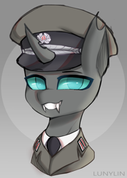 Size: 1632x2288 | Tagged: safe, artist:lunylin, imported from derpibooru, oc, oc only, oc:mader, changeling, bust, changeling oc, clothes, east germany, gdr, hat, male, military uniform, nva, officer, ostdeutschland, peaked cap, sketch, smiling, socialism, solo, uniform